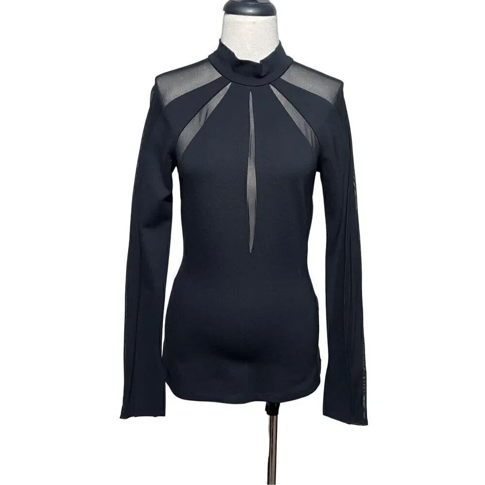 Free People Black Long Sleeve Fitted Mesh Insert Top Size Small